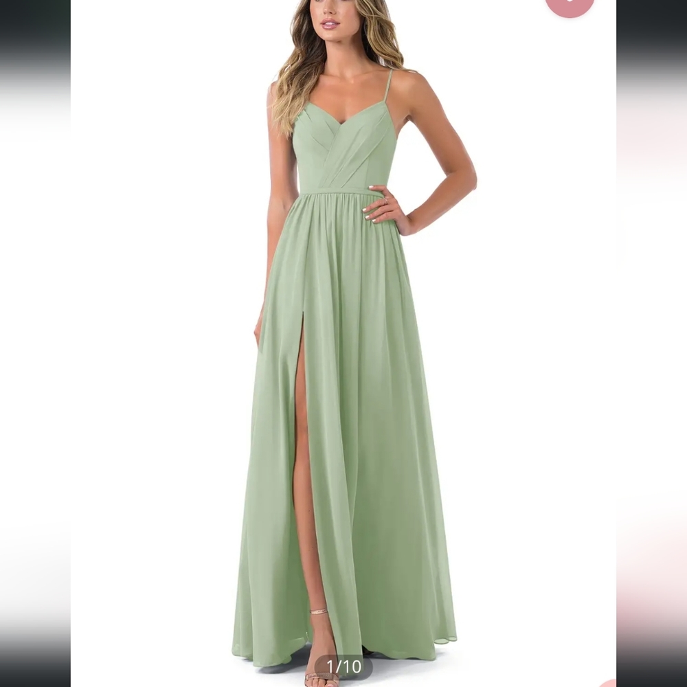 Azazie Sage Green Spaghetti Strap Maxi Dress with High Slit
